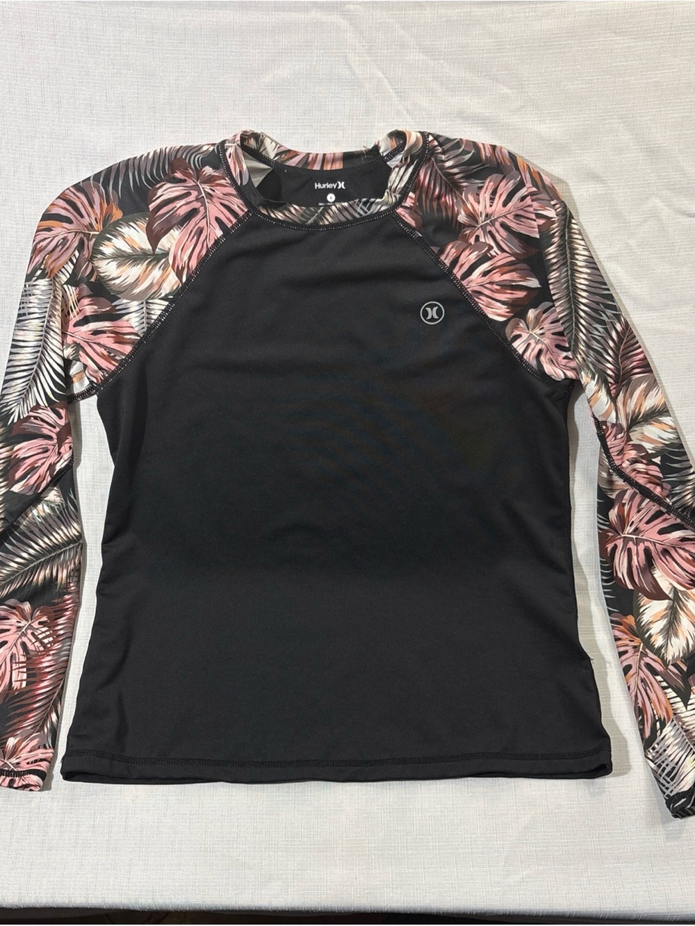 Hurley Black Long-Sleeve Rash Guard with Pink Leaf Print Sleeves